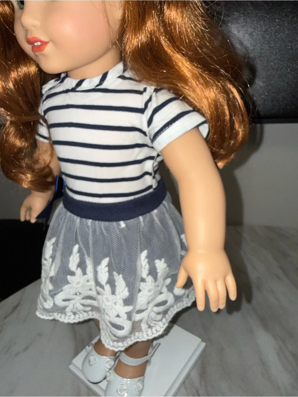 18” dolls white navy blue striped dress lace embroidered skirt Mary Jane’s